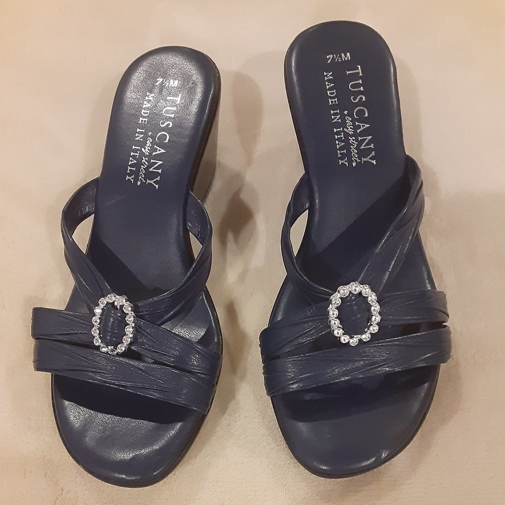 Easy Street Tuscany Made In Italy 7.5m Navy Blue Sandal W/3" Wedge Heel